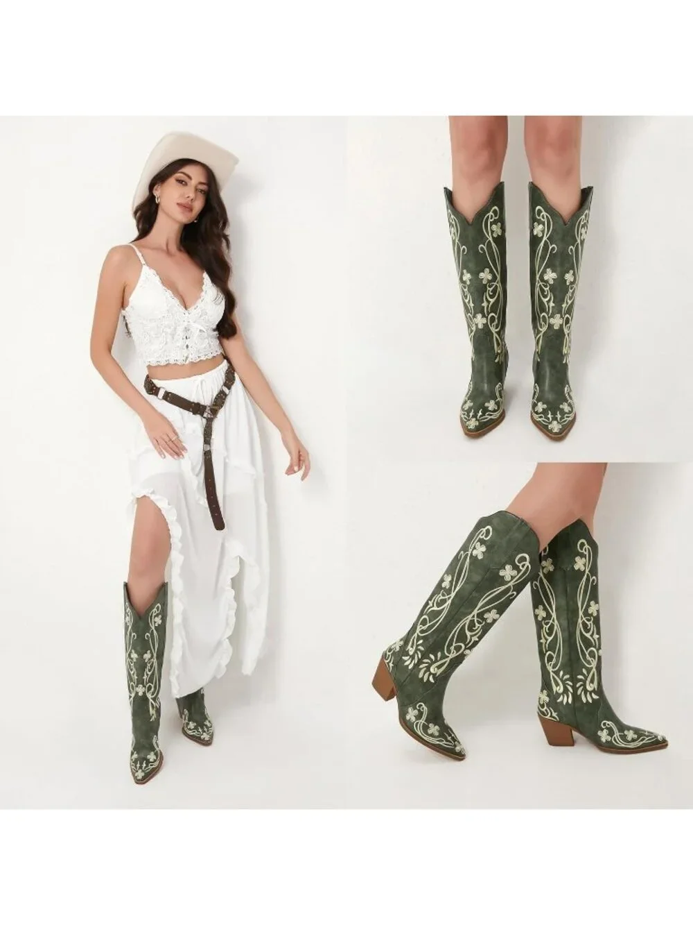 Women's Green Pu Cowgirl High Knee Vintage with Floral Embroidered Footwear - Picture 6 of 6